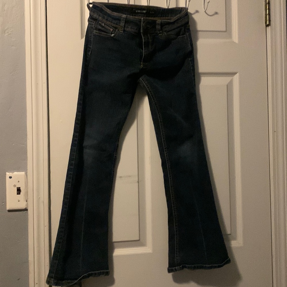 kids dark blue 90s vintage flared low rise jeans